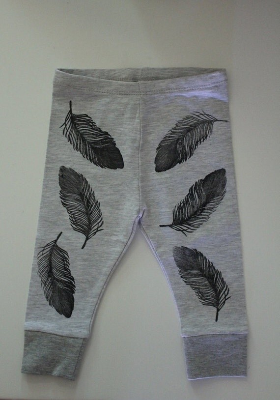 Hand Stamped Feather Leggings. Baby Girl Leggings. Baby Boy Leggings