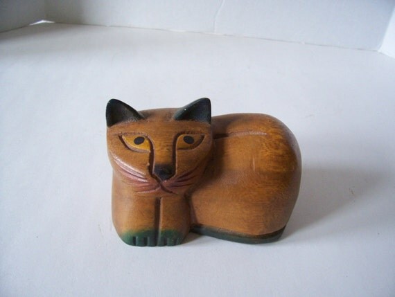 Items similar to CAT Figure Wood Carved Shelf Sitter Figurine Folk Art ...