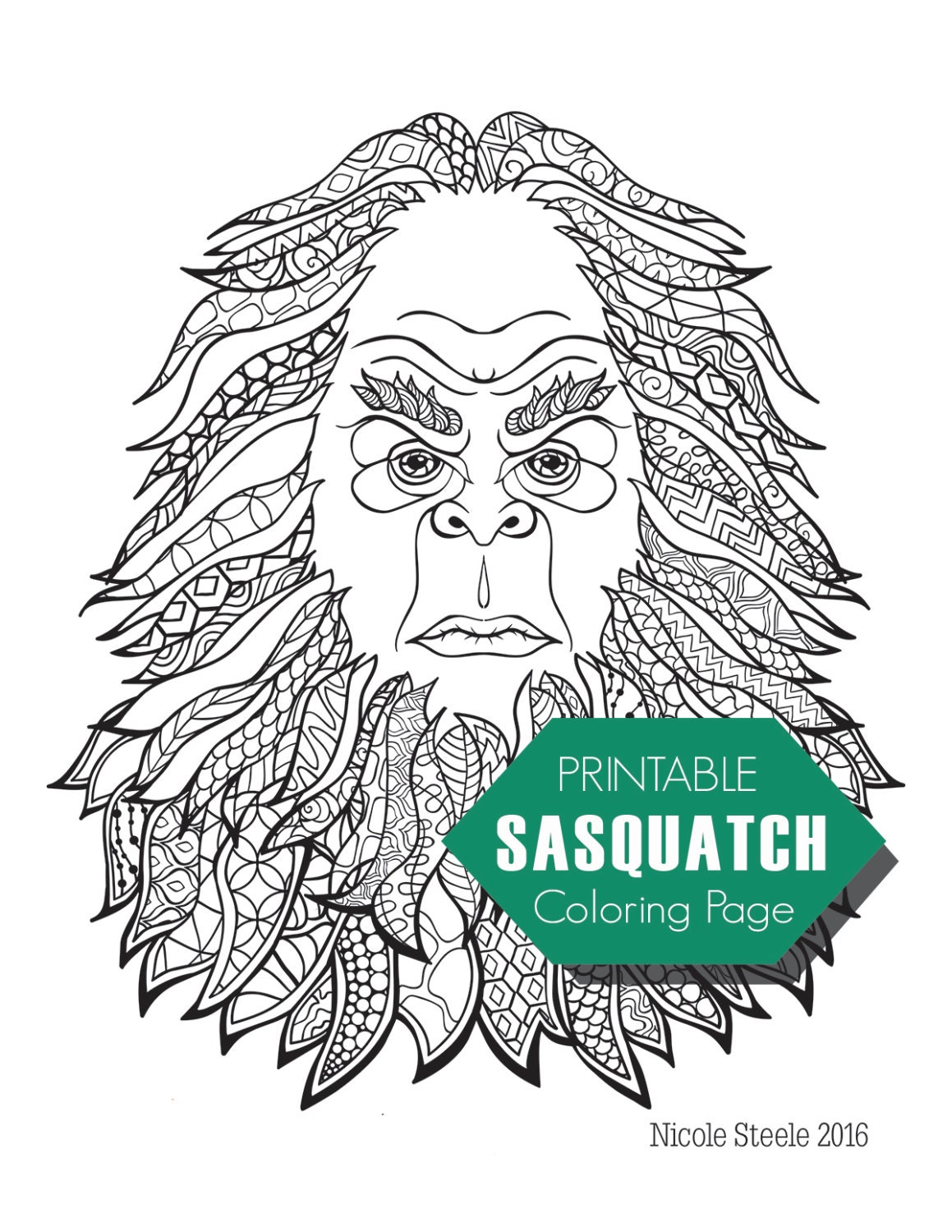 Sasquatch/Bigfoot Adult Coloring Page Digital Download