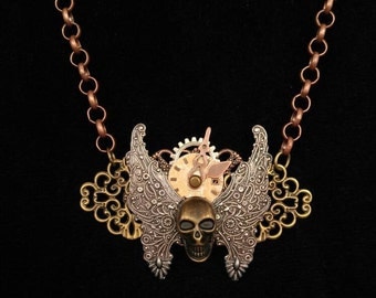 Steampunk Skull Necklace Skull Jewelry Mixed Media Necklace Assemblage Necklace Wearable Art Jewelry