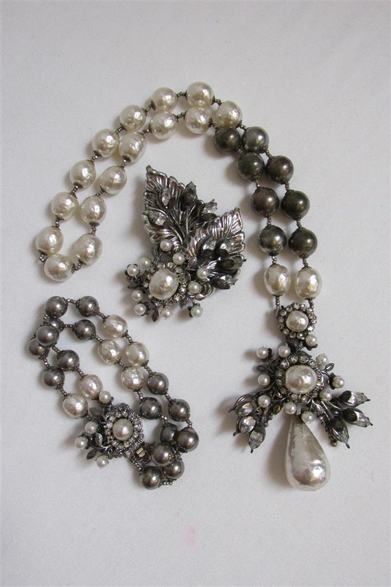 1950's Miriam Haskell Ivory & Silver Baroque Pearl And