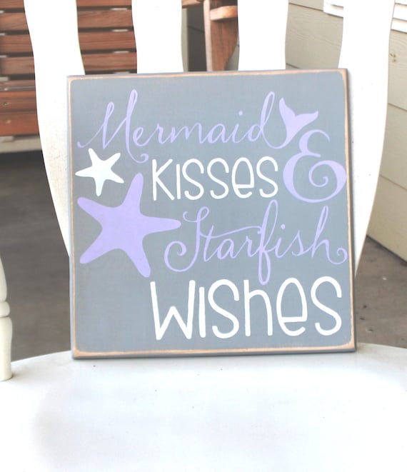 MERMAID KISSES and STARFISH Wishes - 12 x 12 - Painted Wooden Sign - Beach Decor - Mermaid Decor - Bathroom Decor - Hand Painted - Wood