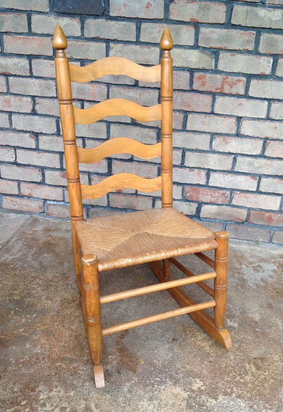 Vintage Ladder Back Rocking Chair with Rush Seat Front Porch