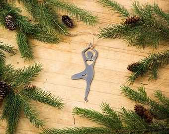 Love Tree Pose Christmas Ornament Yoga Rustic Metal Ornament Recycled Steel Holiday Gift Industrial Decor Wedding Favor