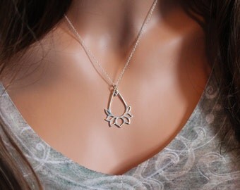Sterling Silver Lotus Pendant Necklace, Lotus Pendant Necklace, LargeLotus Flower Necklace, Teardrop Zen Necklace, Yoga Lotus Necklace