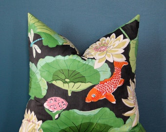 Chinoiserie Pillow Cover - Black Pillow Cover - Koi Pillow Cover - Fish Pillow Cover - Designer Pillow Cover - Asian Pillow Cover - Lotus