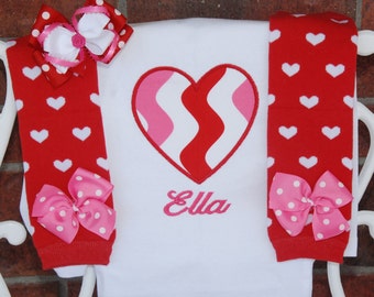 Baby Girl Valentine's Day Outfit! Baby girl first Valentine's Day outfit with applique top, red heart leg warmers, and matching hair bow