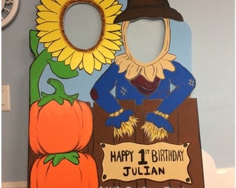 Fall Photo Booth Prop (foam board) . Personalized Scarecrow Pumpkin Photo Op Cutout, Halloween Photo Prop, Pumpkin Parch, Sunflower Prop