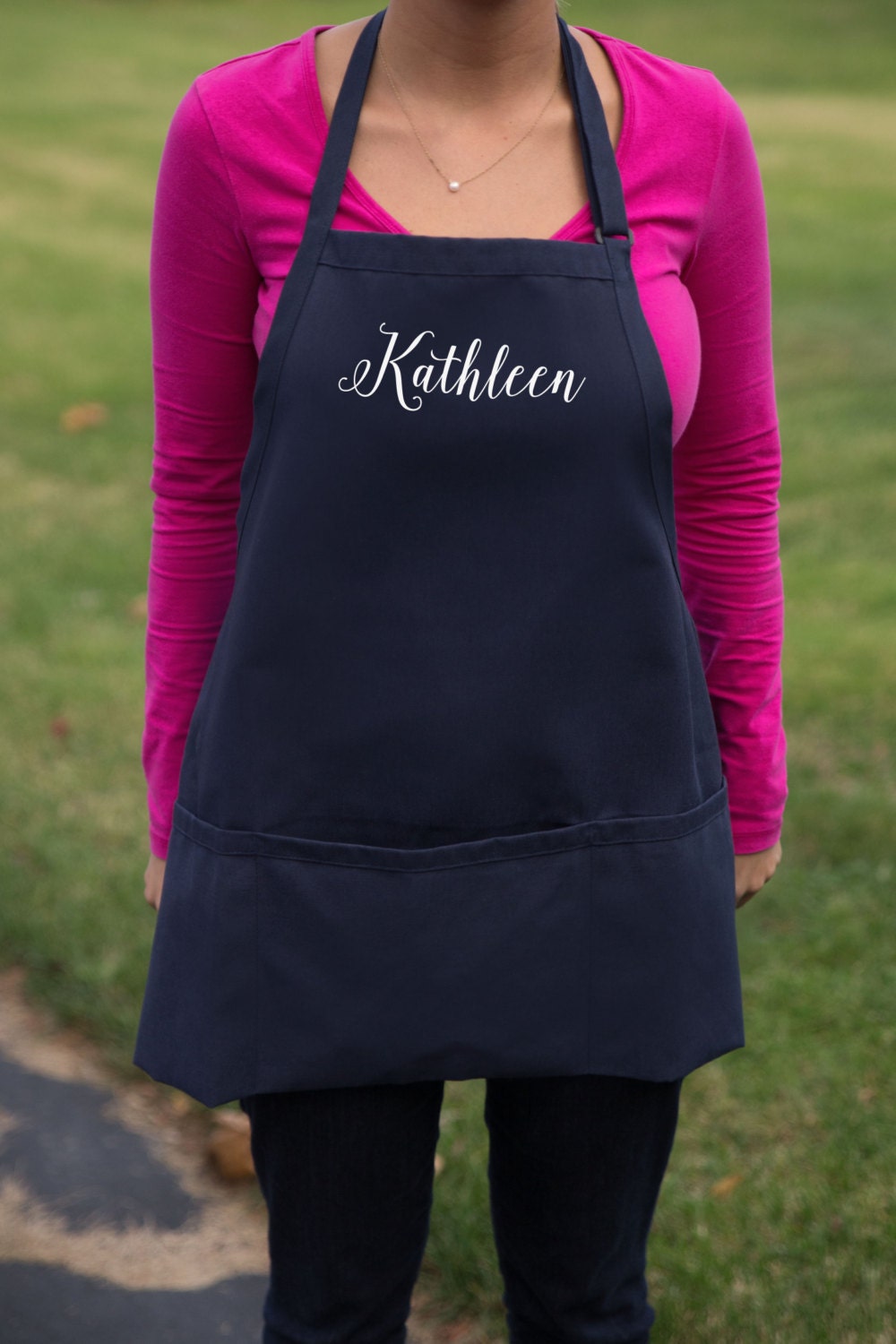 Personalized apron. Navy blue white name apron with pockets.