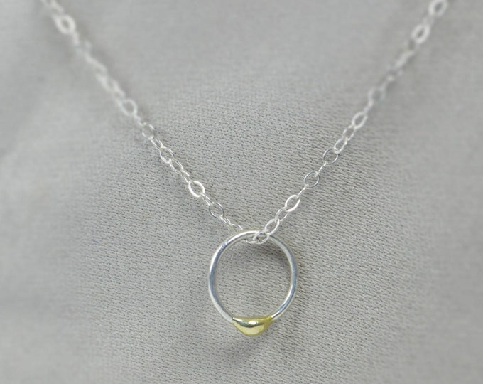 Silver and Solid 14k Gold Dew Drop Necklace, Silver Circle Necklace, Dew Drop Necklace, Minimal Necklace, Dainty Necklace, Bohemian Necklace