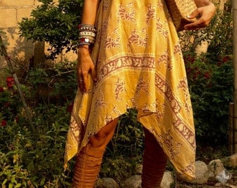 Yellow Vintage High Low Dress/Indian Dress/India Dress/Boho Camel Dress/Sundress/Indian Print Dress/Festival Dress