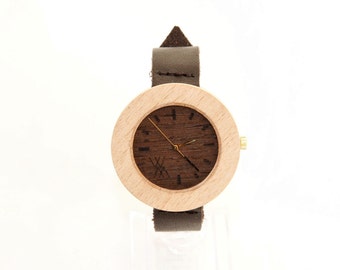 Beech & Wenge Wood Skinny Wooden Watch with Swiss Movement Unisex Eco Recycled Leather Band Strap 18mm
