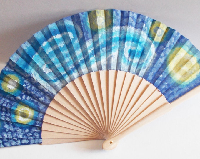 handpainted fan cotton fabric and wood with non toxic acrylics and matte varnish on top, starry night by mademeathens, wooden fan hot summer