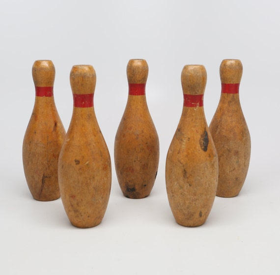 1950's Toy Bowling Pins Quantity of 5 Wood with Red