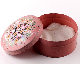 Vintage Ladies Powder Tin - Hand Painted - Pink- Flowers