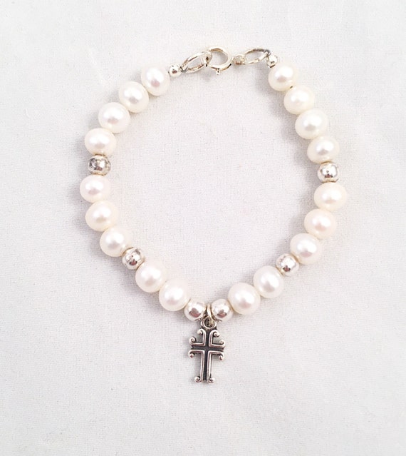 Baby or Child Sterling Cross Pearl Bracelet Baby Pearl