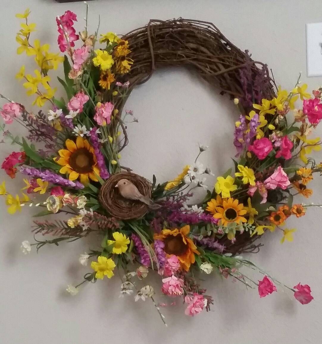 Spring Floral Grapevine wreath with Bird in a by TCWreathsandDecor