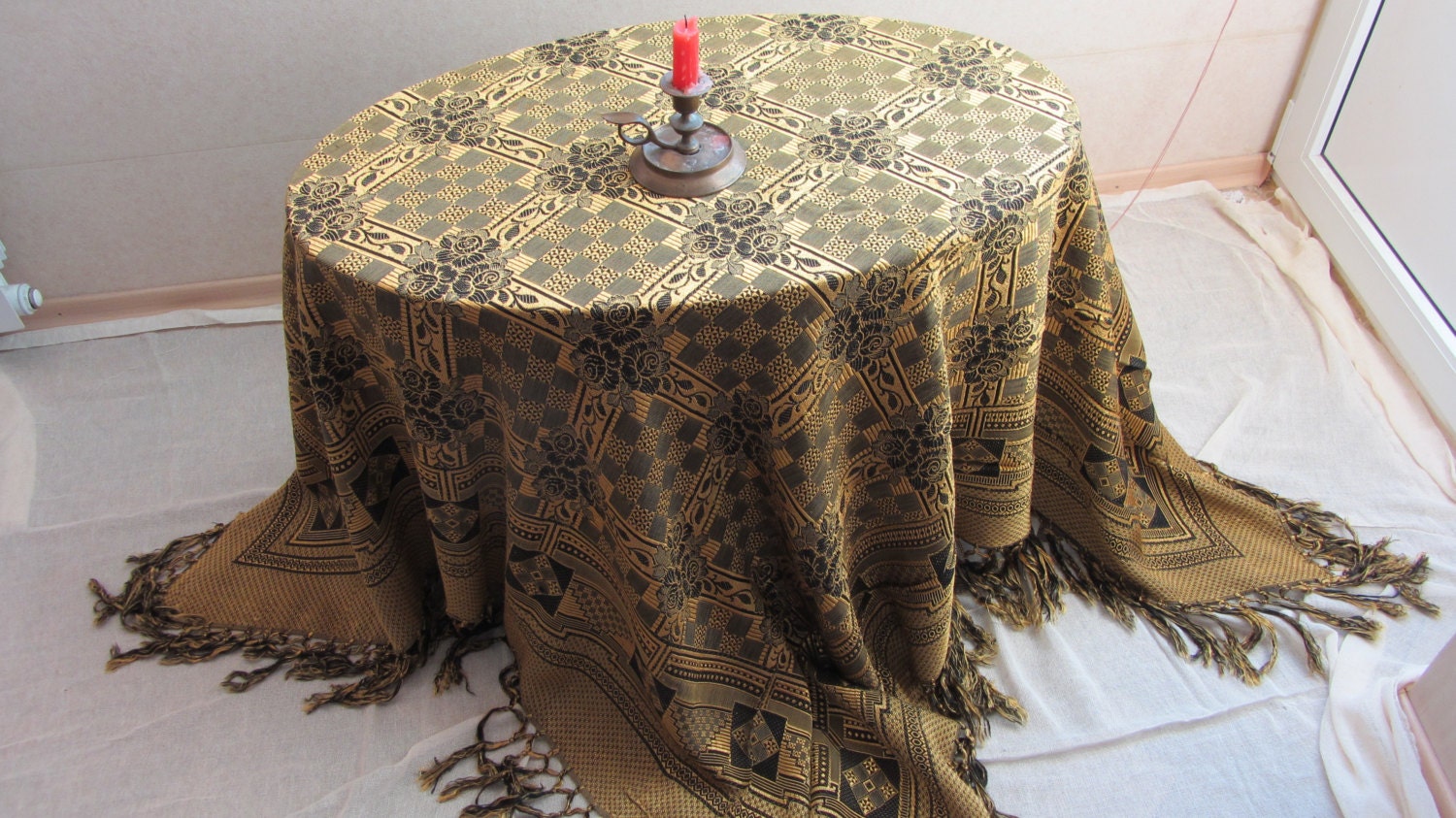 Silk Vintage Yellow and Black Tablecloth with Fringe