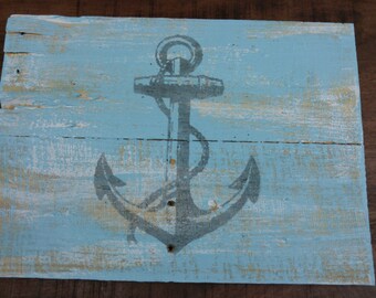 Coastal Blue Anchor hand painted on wood planks