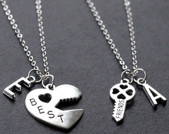 Best Friends Necklace set, initials Graduation Friendship Necklace, best bitches, heart key set, sisters gift jewelry, 2 set