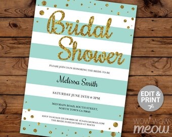 Bridal Shower Invitation INSTANT DOWNLOAD Bachelorette Party Mint Gold White Glitter Invite Personalize Editable + Printable Edit @ Home