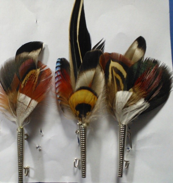 Set 3 German Pheasant Feather Hat Pins w/metal by EuropeConnection