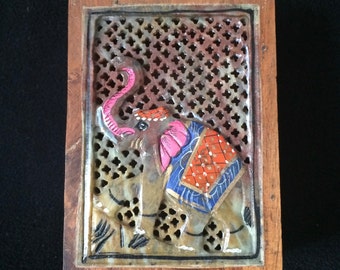 Indian Wood Box Hand-Carved Stone Panel with Elephant