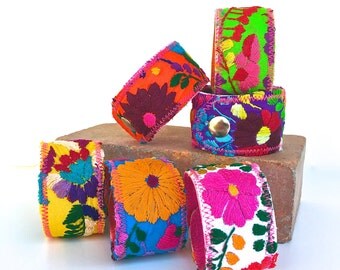 Cuff Bracelet Mexican, Mexican Dress Cuff, Embroidered Mexico Dress Puebla Snap Cuff Bracelet, Peasant shirt, Wide Bracelet, Floral jewelry