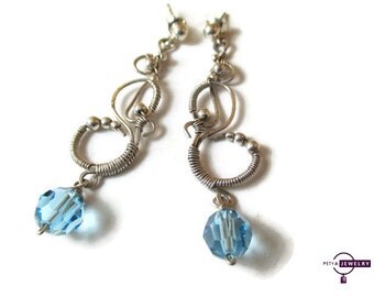 Sterling silver earrings, Wire wrapped earrings, Blue Swarovski earrings, Aquamarine earrings, Silver earrings with Swarovski Elements