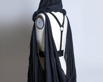 DRAPED CAPE HARNESS - Post Apocalyptic Harness Belt with Hood - Pvc or Leather - Gauze - Gothic Wraith Fashion - Deathrock - Wasteland