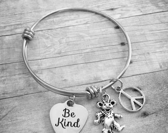 Be Kind Grateful Dead Dancing Bear Peace Charm Bracelet