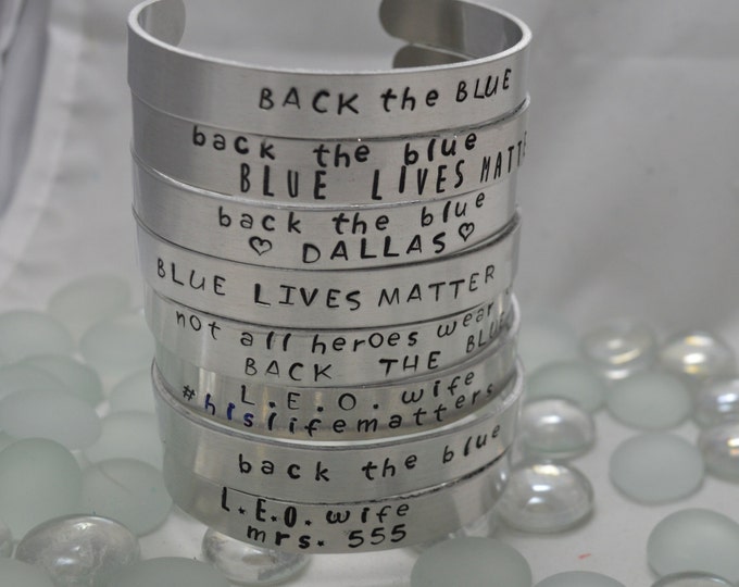 My Hero Wears Kevlar ((OR Choose Your Text)) (2) Piece Bracelet Set , Hand Stamped, Blue Lives Matter, A Thin Blue Line, Police Wife