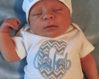 Baby Boy COMING HOME Outfit - Chevron Monogram Bodysuit, Blue Personalized Baby Bodysuit Bib Burp Cloth , Initial Monogram Newborn