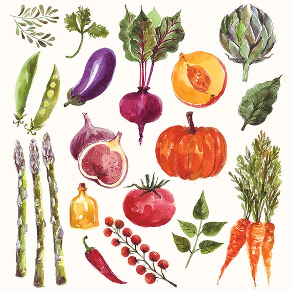 Collection of WATERCOLOR VEGETABLES and fruit. Fine art PRINT.