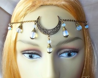 Opalite Moon Circlet, Moon Headpiece, Headdress, Moon Goddess, Bronze Headpiece, Pagan, Wiccan, Wicca, Festival, Handfasting, Head Jewellery