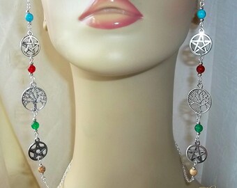Pagan Glasses Chain, Wiccan Glasses Chain, Wicca, Tree of Life, Spectacles Chain, Pentacle, Pentagram, Eyeglasses Chain, Gemstone Beads