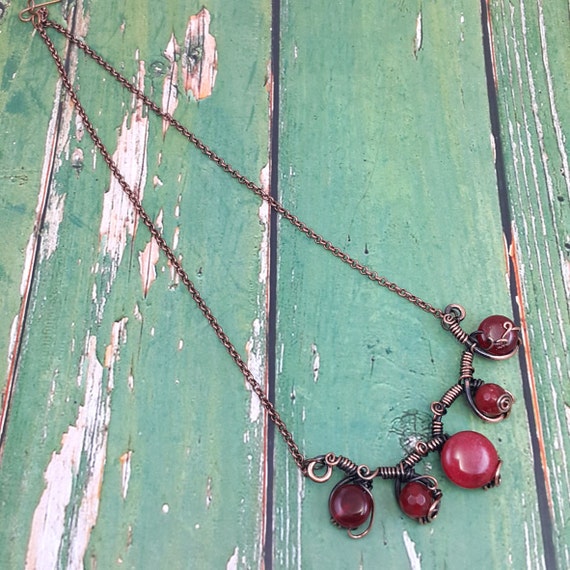 copper wire wrapped necklace with red jade gemstoneshammered