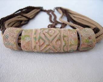 Boho necklace large beads polymer clay jewelry Ethnic jewelry beige necklace rustic boho jewelry gift for her polymer clay bib necklace
