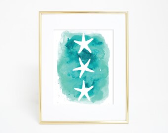 Beach Print, Starfish Print, Beach Decor, Printable Art, Sea Star Artwork, Teal Art Print, Instant Download Art, Wall Printables Digital Art
