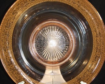 30's Pink Depression Glass Rolled Rim Console Bowl w/ Gold Encrusted Border