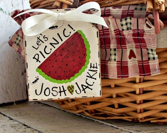 Personalized Picnic Basket Tag, Wood Label, Rustic Wedding Gift, Romantic Gift, Couples Gift, Hand Painted Hang Tag