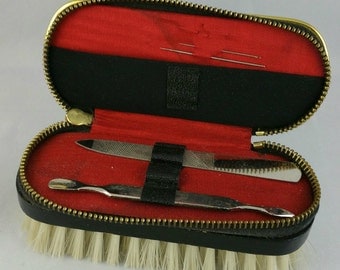 Vintage Travel Manicure Set With Clothes Brush, Embroidered Nail Grooming Kit,