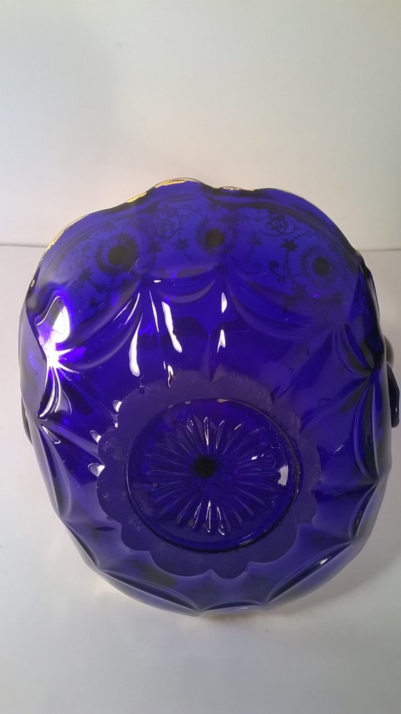 Vintage Gold Trim Italian Cobalt Blue Glass Basket
