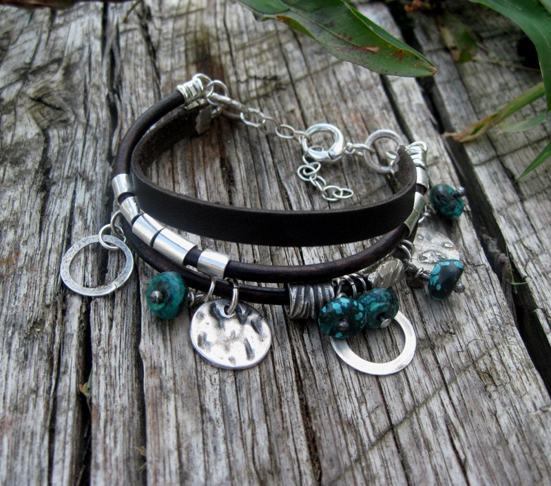 Turquoise and Sterling Silver Bracelet with Leather Bracelet