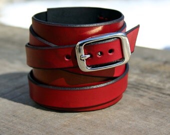 Red Leather Cuff / Leather Wraparound Wristcuff With Nickel Buckle / Leather Bracelet Wrapped Style!