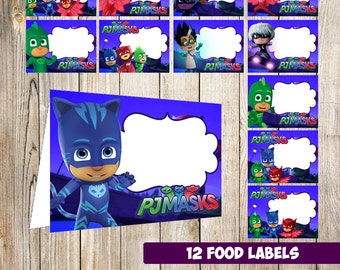 12 Pj Masks Food Tent Cards instant download, Printable Pj Masks Labels, Pj Masks Party Table Label