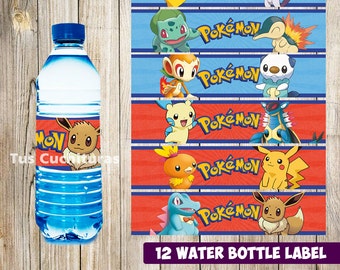 12 Pokemon Water Bottle Label instant download, Printable Pokemon Water Bottle Label, Pokemon Water Label