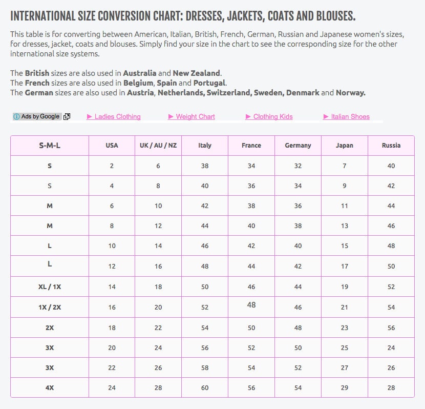 Women's Clothing Size Chart Uk Eu at Teresa Carr blog