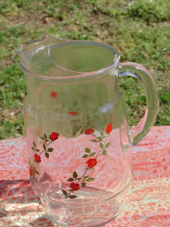 Vintage Glass Pitcher with Red Roses