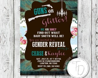 Guns or Glitter Gender Reveal Invitation, Rustic Baby Shower Invitation, Lace Gender Reveal Invitation, Wood Gender Reveal Invitation